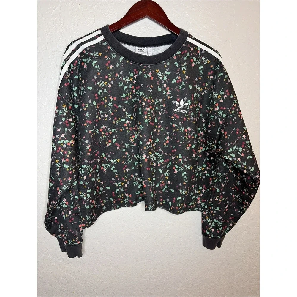 Adidas Originals Black Floral Long Sleeve Oversized Sweatshirt CROPPED, Size L